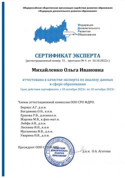 Благодарность президенту Федерации доказательного развития образования Ольге Агатовой за присвоение сотрудникам ИППиФСО звания ЭКСПЕРТА.