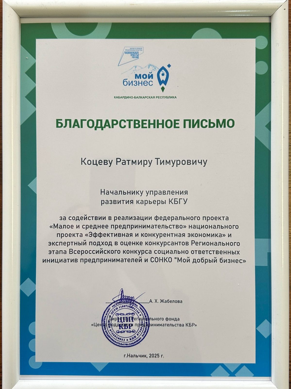 Благодарность Коцеву Ратмиру Тимуровичу